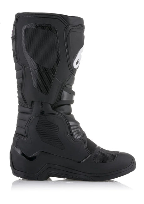 Black motocross boot with visible branding on a white background