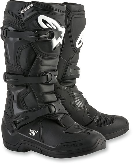 A pair of ALPINESTARS Tech 3 Boots for dirt bike motocross, featuring black microfiber and thermoplastic materials, with multiple sizes available.